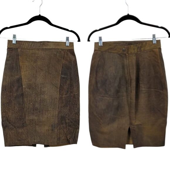 Vintage 80's Winlit Skirt Leather Country Rustic Distressed Pencil Brown Sz S - Picture 1 of 9